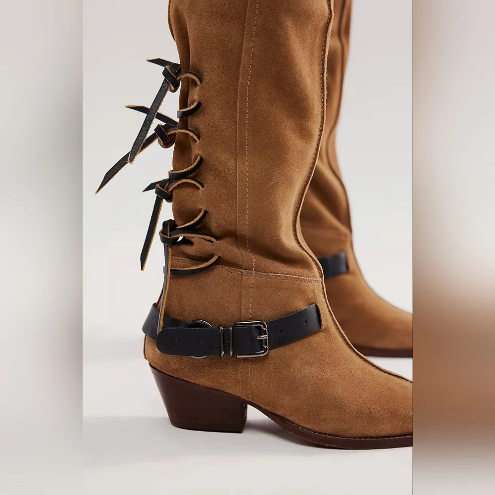 Free People Lace Sway Slouchy Women’s Military Taupe Western Boots Sz 7.5 NEW